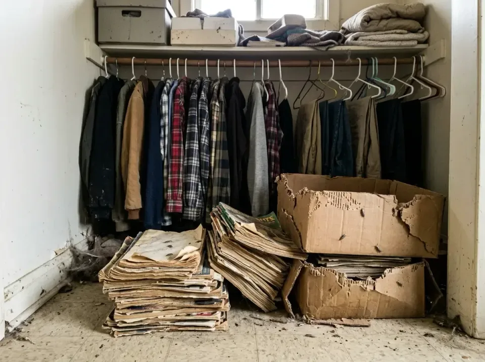 Cardboard Boxes — Indoor Closet Cardboard Boxes — Indoor Closet — Cardboard Boxes, Damaged Cardboard Boxes, Stacks of Magazines, Indoor Closet, Pest Control