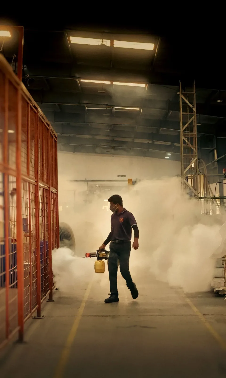 Pest Control Technician — Industrial Facility — Pest Control Technician, Thermal Fogger, Face Mask, Pest Control, Pest Contr…