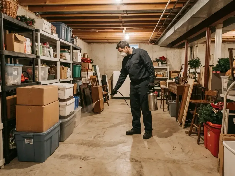Pest Control Technician — Residential Basement — Pest Control Technician, Handheld Pressure Sprayer, Respirator Mask, Pest C…