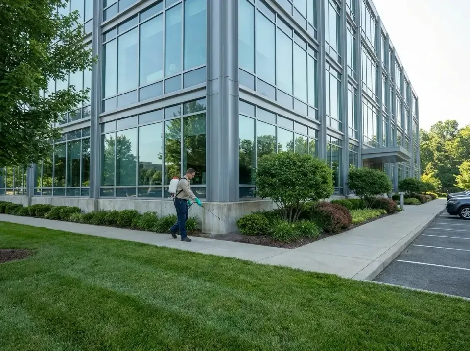 Pest Control Technician — Commercial Property — Pest Control Technician, Backpack Sprayer, Commercial Office Building, Pest…